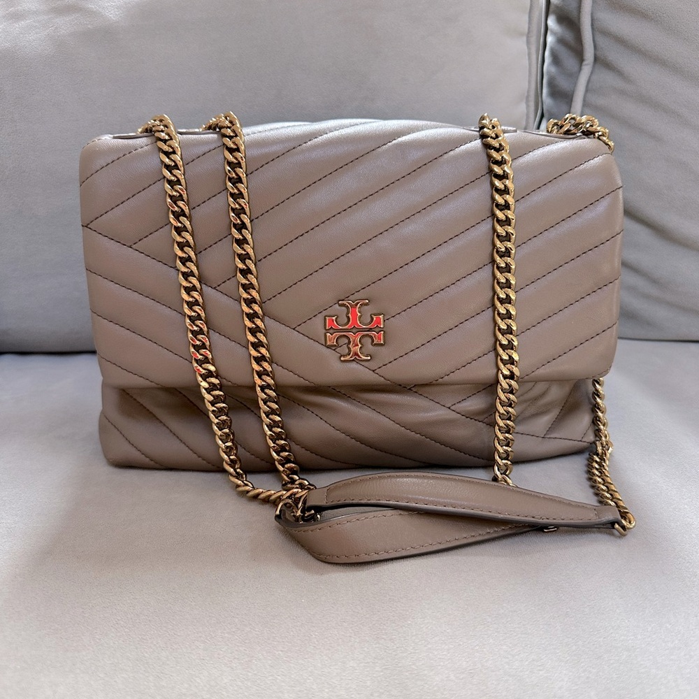 Tory Burch Taupe Quilted Leather Shoulder Bag with Gold Chain